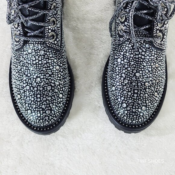 Wonder Sparkling Rhinestone Combat Ankle Boot Metallic Black - Picture 3 of 8